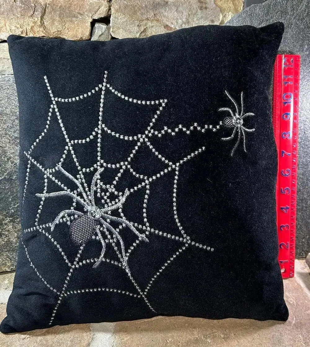 Spider Web Pillow black with jeweled spiders and sparkling webs fun !